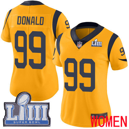 Los Angeles Rams Limited Gold Women Aaron Donald Jersey NFL Football #99 Super Bowl LIII Bound Rush Vapor Untouchable->women nfl jersey->Women Jersey